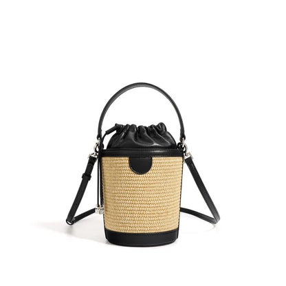 High Quality Sheepskin Patchwork Straw Bag Fashion Large Capacity Contrast Color Drawstring Bucket Bag Versatile Commuter Bolsas