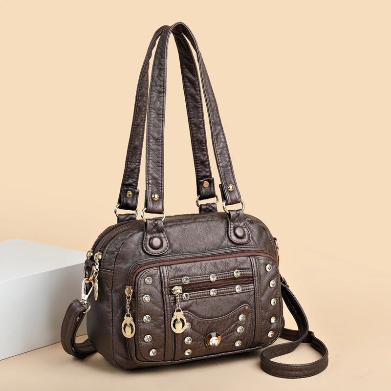 High Quality Soft Leather Multiple Pockets Women Handbags Luxury Small Female Shoulder Messenger Bags Designer Rivet Ladies Tote