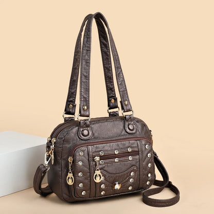 High Quality Soft Leather Multiple Pockets Women Handbags Luxury Small Female Shoulder Messenger Bags Designer Rivet Ladies Tote