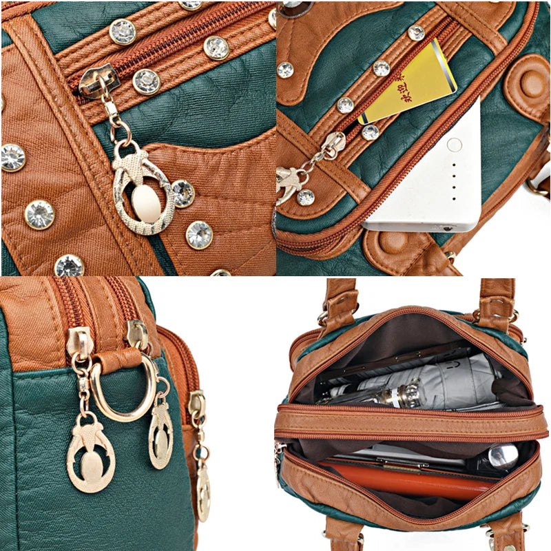 High Quality Soft Leather Multiple Pockets Women Handbags Luxury Small Female Shoulder Messenger Bags Designer Rivet Ladies Tote