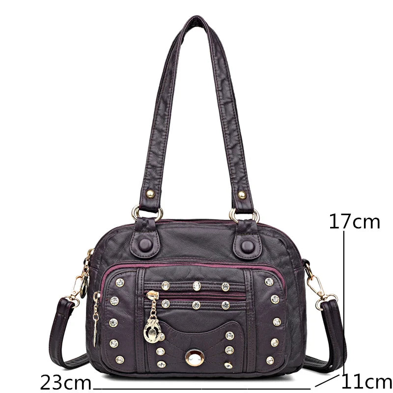 High Quality Soft Leather Multiple Pockets Women Handbags Luxury Small Female Shoulder Messenger Bags Designer Rivet Ladies Tote