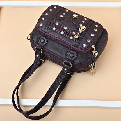 High Quality Soft Leather Multiple Pockets Women Handbags Luxury Small Female Shoulder Messenger Bags Designer Rivet Ladies Tote