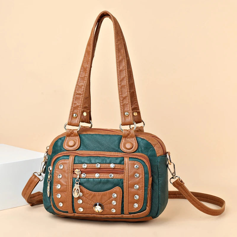 High Quality Soft Leather Multiple Pockets Women Handbags Luxury Small Female Shoulder Messenger Bags Designer Rivet Ladies Tote