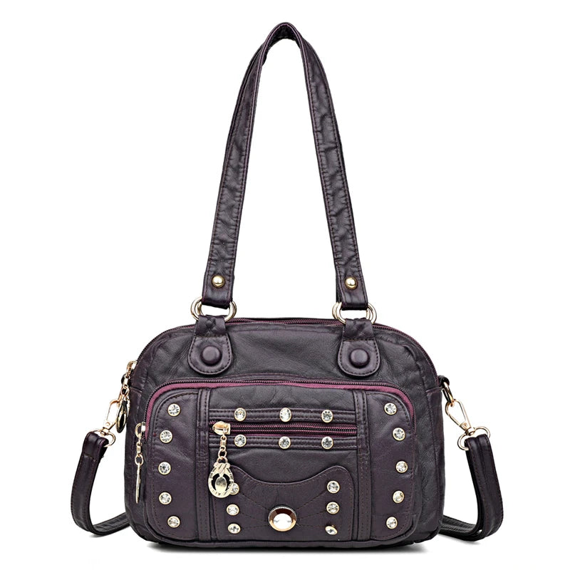 High Quality Soft Leather Multiple Pockets Women Handbags Luxury Small Female Shoulder Messenger Bags Designer Rivet Ladies Tote