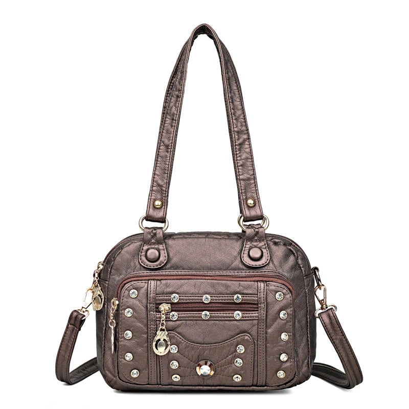 High Quality Soft Leather Multiple Pockets Women Handbags Luxury Small Female Shoulder Messenger Bags Designer Rivet Ladies Tote