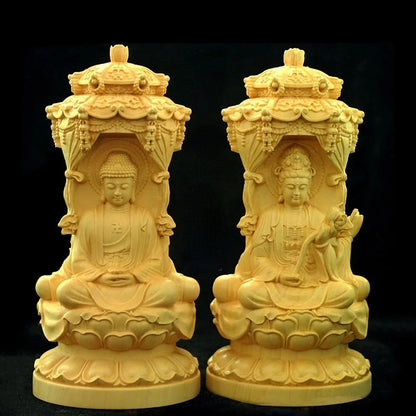 High Quality Solid Wood Western Three Holy Buddha Sculpture Guanyin Bodhisattva Hand-carved Home Feng Shui Decor