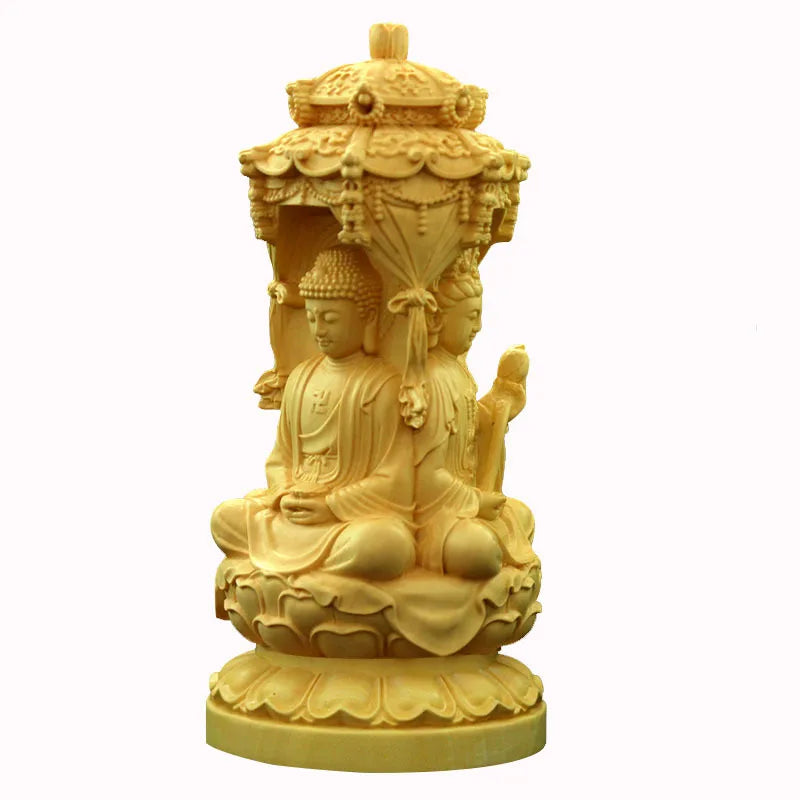 High Quality Solid Wood Western Three Holy Buddha Sculpture Guanyin Bodhisattva Hand-carved Home Feng Shui Decor