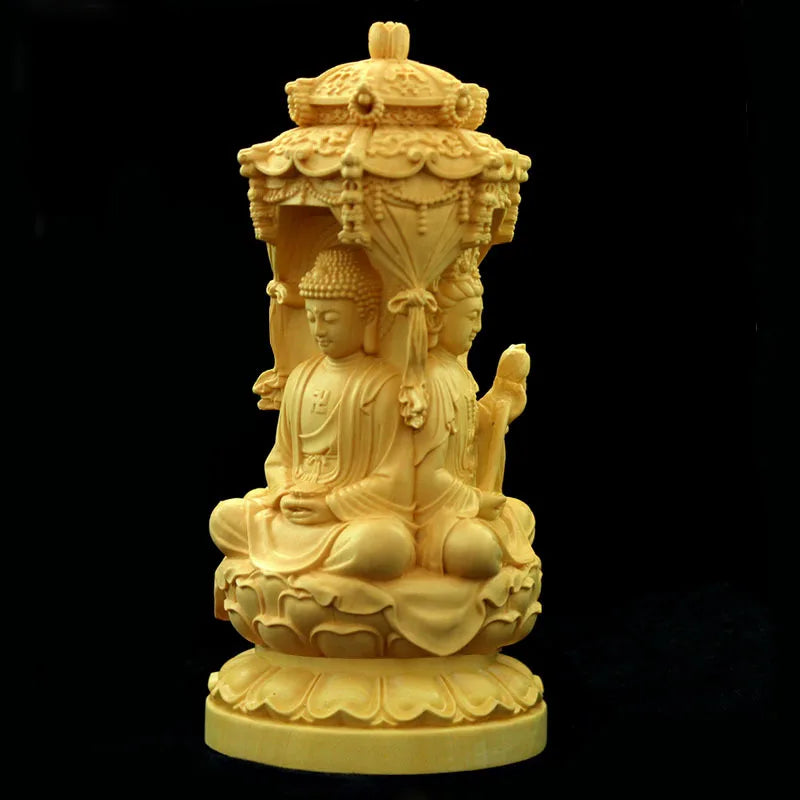 High Quality Solid Wood Western Three Holy Buddha Sculpture Guanyin Bodhisattva Hand-carved Home Feng Shui Decor