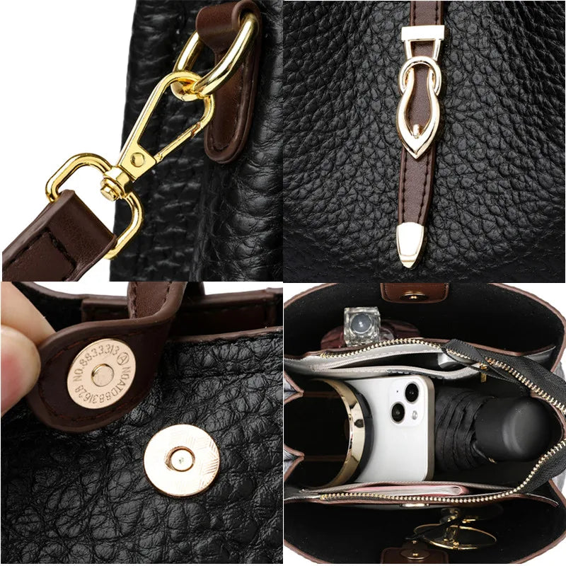 High Quality Stone Pattern Genuine Leather Shoulder Crossbody Bags For Women 2023 Cow Leather 3 Layers Female Messenger Tote Sac