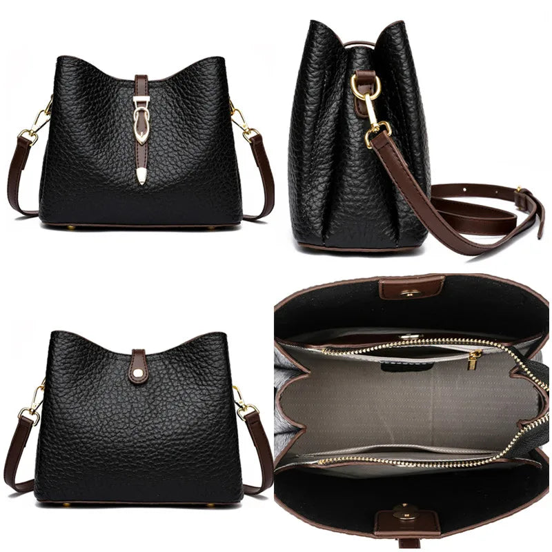 High Quality Stone Pattern Genuine Leather Shoulder Crossbody Bags For Women 2023 Cow Leather 3 Layers Female Messenger Tote Sac