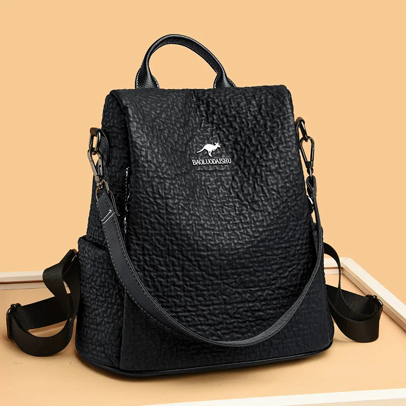 High Quality Stone Pattern Leather Backpacks Women Large Capacity Travel Backpack School Bags Fashion Luxury Ladies Shoulder Bag