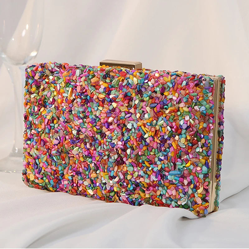 High Quality Women Colorful Stone Evening Bags Wedding Party Wallet with Chain Banquet Bag Phone Crossbody Luxury Designers 2024