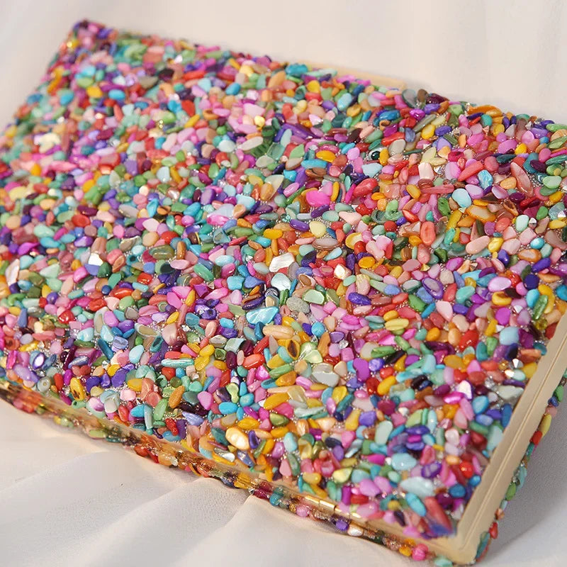 High Quality Women Colorful Stone Evening Bags Wedding Party Wallet with Chain Banquet Bag Phone Crossbody Luxury Designers 2024