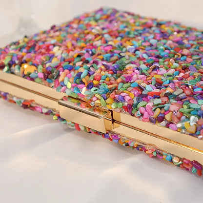 High Quality Women Colorful Stone Evening Bags Wedding Party Wallet with Chain Banquet Bag Phone Crossbody Luxury Designers 2024