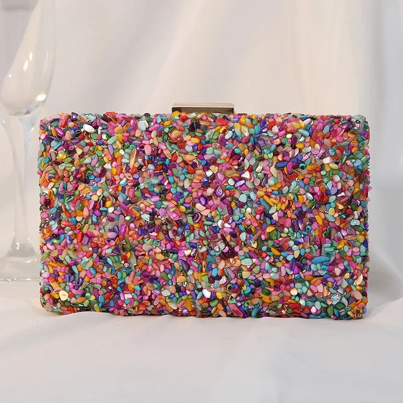 High Quality Women Colorful Stone Evening Bags Wedding Party Wallet with Chain Banquet Bag Phone Crossbody Luxury Designers 2024