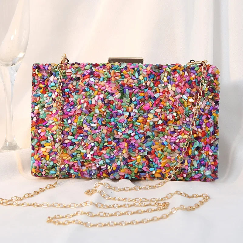 High Quality Women Colorful Stone Evening Bags Wedding Party Wallet with Chain Banquet Bag Phone Crossbody Luxury Designers 2024