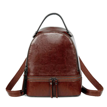 High Quality Women Oil Wax Cowhide Backpack Travel Knapsack Fashion Casual Design Genuine Leather Rucksack Girls School Daypack