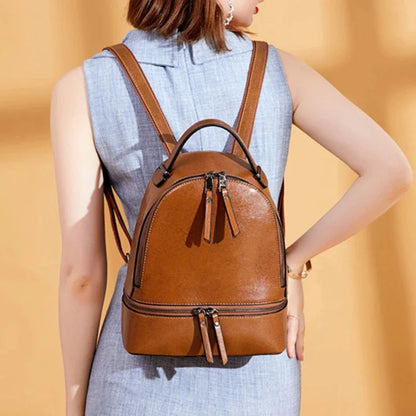 High Quality Women Oil Wax Cowhide Backpack Travel Knapsack Fashion Casual Design Genuine Leather Rucksack Girls School Daypack