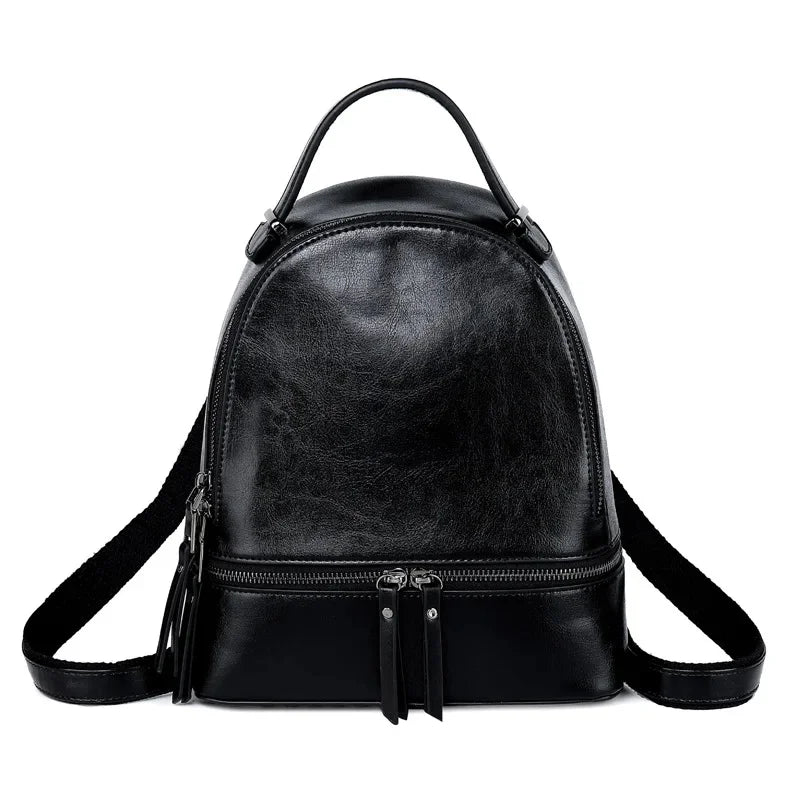 High Quality Women Oil Wax Cowhide Backpack Travel Knapsack Fashion Casual Design Genuine Leather Rucksack Girls School Daypack