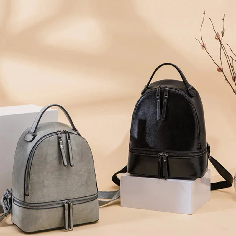 High Quality Women Oil Wax Cowhide Backpack Travel Knapsack Fashion Casual Design Genuine Leather Rucksack Girls School Daypack