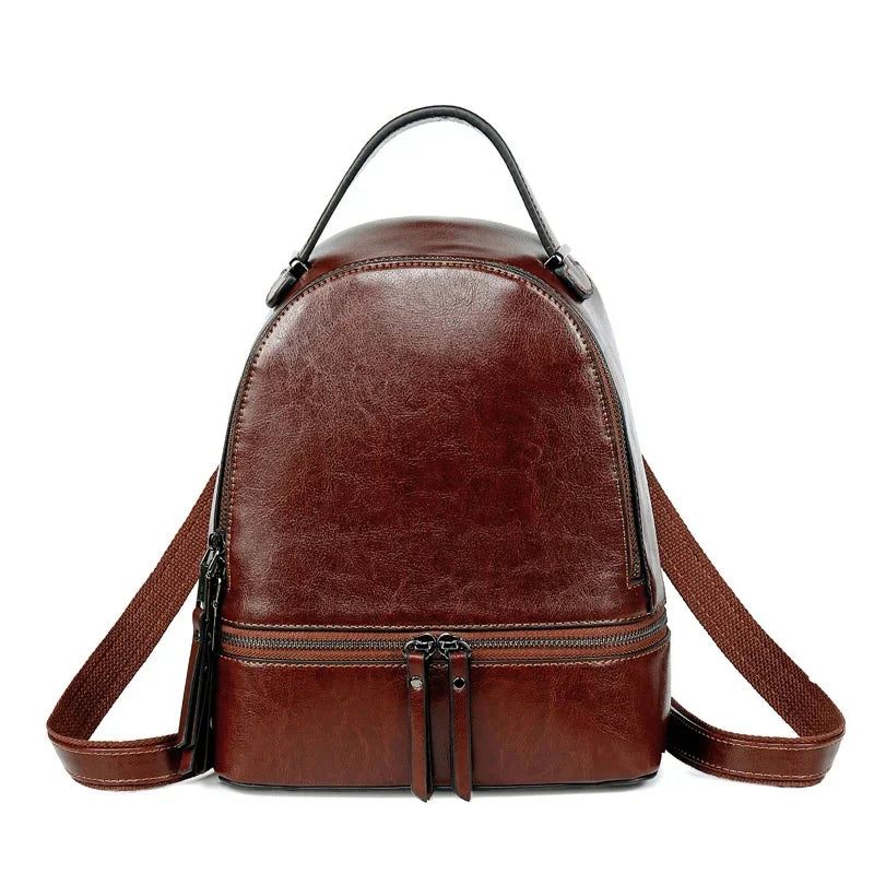 High Quality Women Oil Wax Cowhide Backpack Travel Knapsack Fashion Casual Design Genuine Leather Rucksack Girls School Daypack