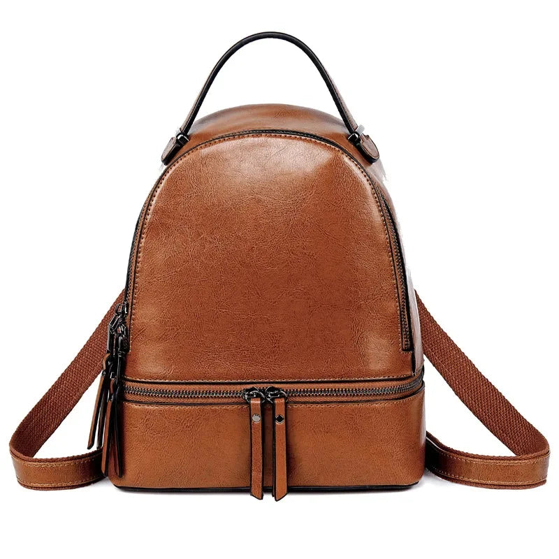 High Quality Women Oil Wax Cowhide Backpack Travel Knapsack Fashion Casual Design Genuine Leather Rucksack Girls School Daypack