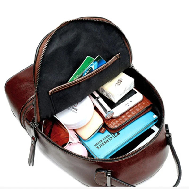 High Quality Women Oil Wax Cowhide Backpack Travel Knapsack Fashion Casual Design Genuine Leather Rucksack Girls School Daypack