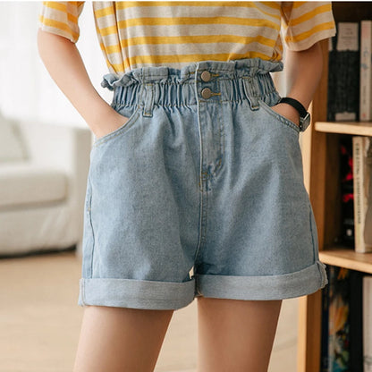 High Waist Denim Shorts Women Casual Loose Ladies Fashion Roll Up Hem Elastic Waist Pocket Blue White Jeans Female