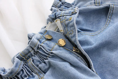 High Waist Denim Shorts Women Casual Loose Ladies Fashion Roll Up Hem Elastic Waist Pocket Blue White Jeans Female