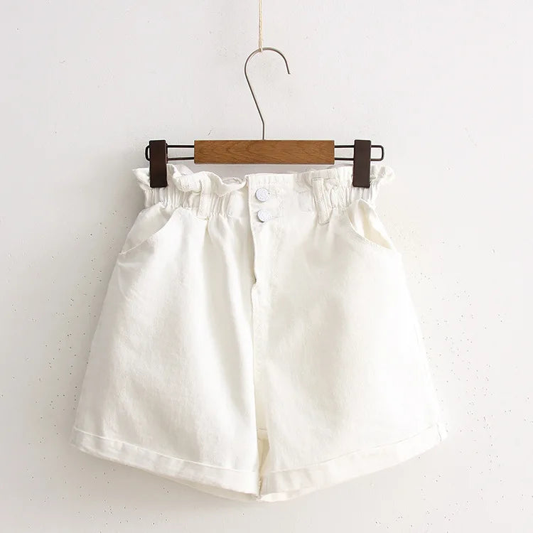 High Waist Denim Shorts Women Casual Loose Ladies Fashion Roll Up Hem Elastic Waist Pocket Blue White Jeans Female