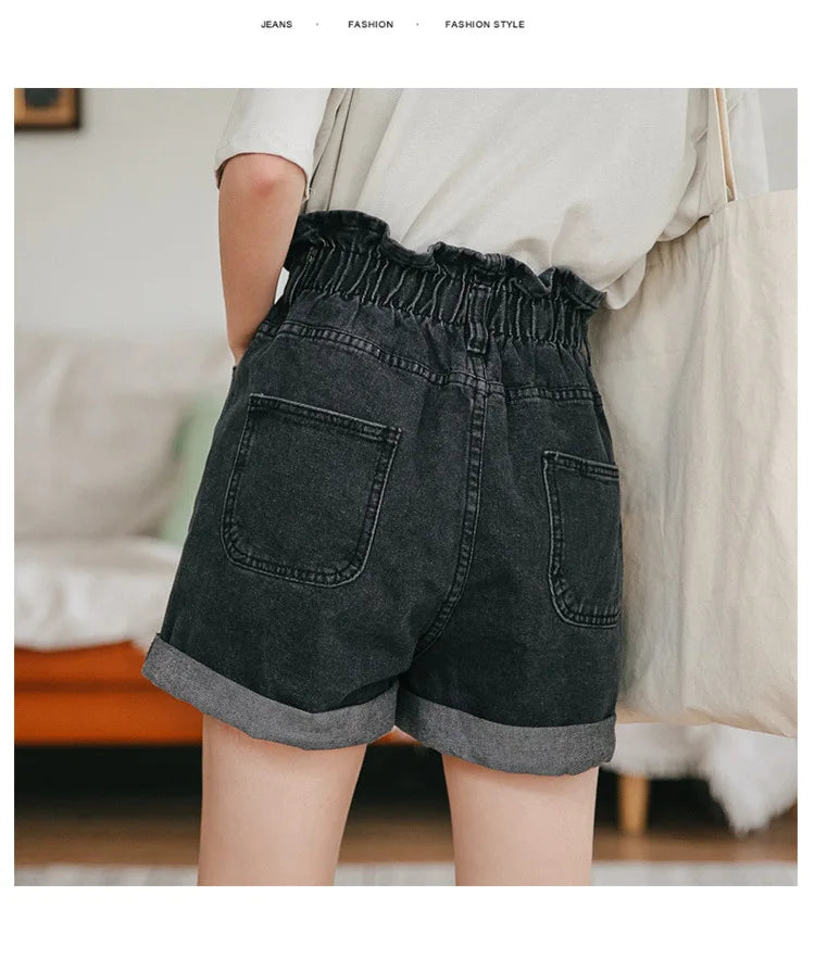 High Waist Denim Shorts Women Casual Loose Ladies Fashion Roll Up Hem Elastic Waist Pocket Blue White Jeans Female
