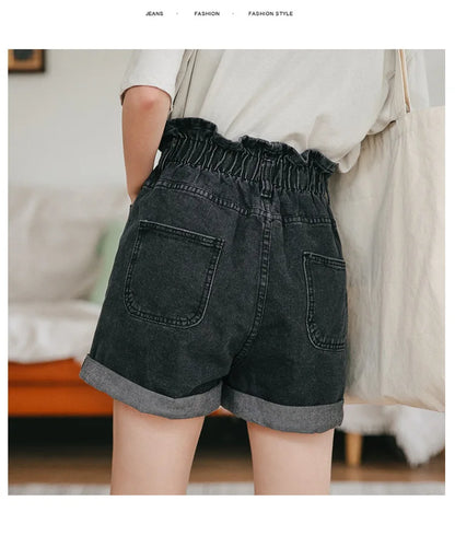 High Waist Denim Shorts Women Casual Loose Ladies Fashion Roll Up Hem Elastic Waist Pocket Blue White Jeans Female