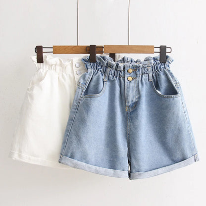 High Waist Denim Shorts Women Casual Loose Ladies Fashion Roll Up Hem Elastic Waist Pocket Blue White Jeans Female
