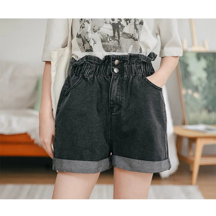High Waist Denim Shorts Women Casual Loose Ladies Fashion Roll Up Hem Elastic Waist Pocket Blue White Jeans Female