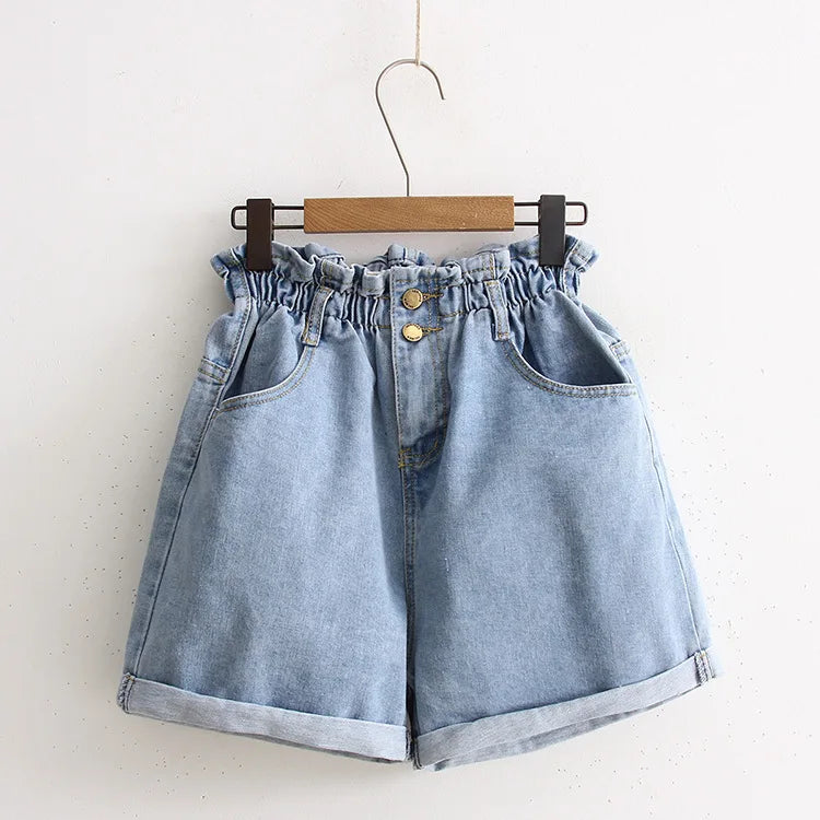 High Waist Denim Shorts Women Casual Loose Ladies Fashion Roll Up Hem Elastic Waist Pocket Blue White Jeans Female