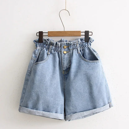 High Waist Denim Shorts Women Casual Loose Ladies Fashion Roll Up Hem Elastic Waist Pocket Blue White Jeans Female