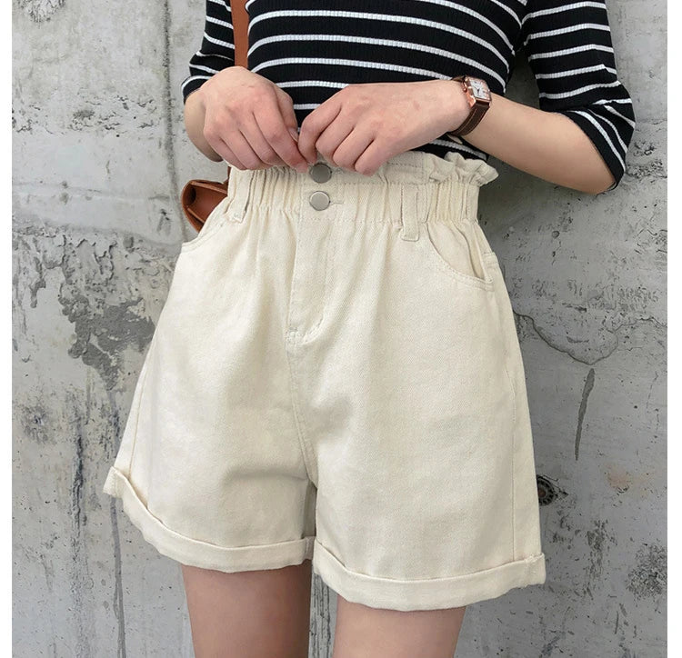 High Waist Denim Shorts Women Casual Loose Ladies Fashion Roll Up Hem Elastic Waist Pocket Blue White Jeans Female