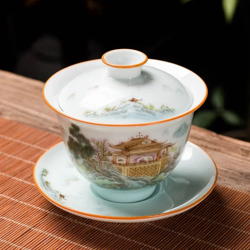 High-end Ceramic Gaiwan Exquisite Enamel Color Tea Bowl Handmade Personal Tea Cup with Lid Household Tea Set Customized Gifts