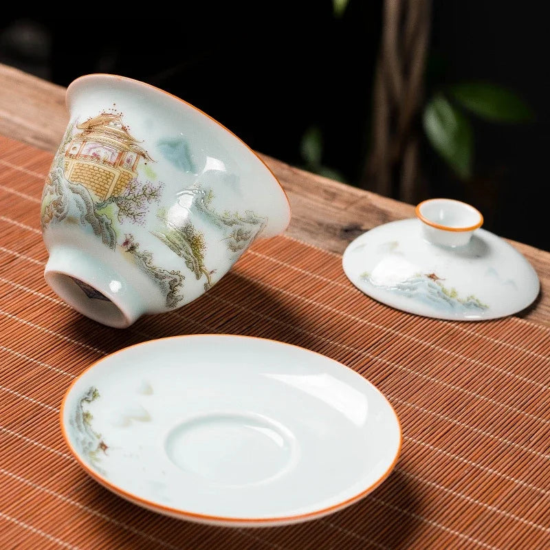 High-end Ceramic Gaiwan Exquisite Enamel Color Tea Bowl Handmade Personal Tea Cup with Lid Household Tea Set Customized Gifts