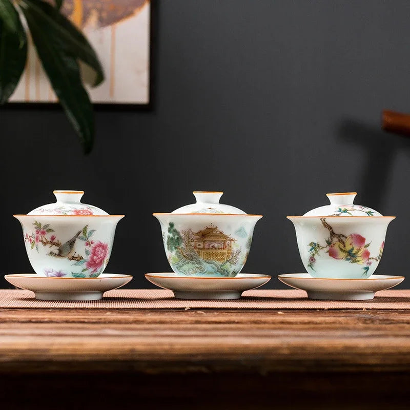 High-end Ceramic Gaiwan Exquisite Enamel Color Tea Bowl Handmade Personal Tea Cup with Lid Household Tea Set Customized Gifts