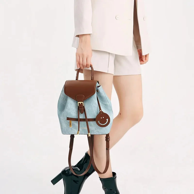 High-end Women's 2024 Spring New Fashion and Leisure Joker Large Capacity Soft Leather Cowboy Backpack Travel Bag
