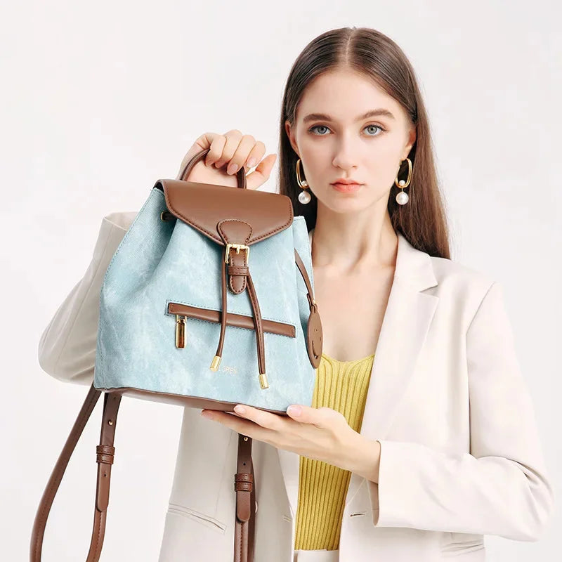 High-end Women's 2024 Spring New Fashion and Leisure Joker Large Capacity Soft Leather Cowboy Backpack Travel Bag