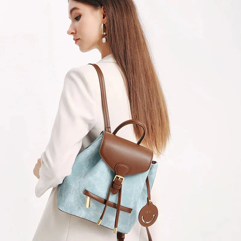 High-end Women's 2024 Spring New Fashion and Leisure Joker Large Capacity Soft Leather Cowboy Backpack Travel Bag