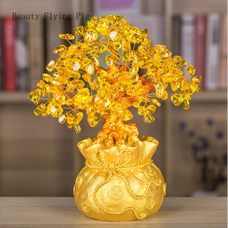 High-end golden crystal lucky treasure tree auspicious wishful wealth home office decoration decoration statue opening best gift