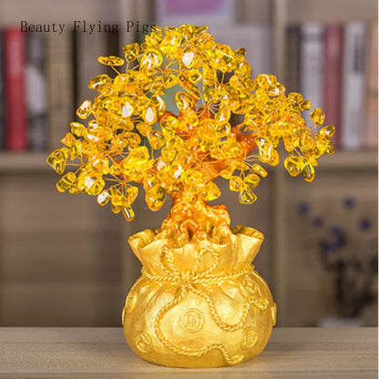 High-end golden crystal lucky treasure tree auspicious wishful wealth home office decoration decoration statue opening best gift
