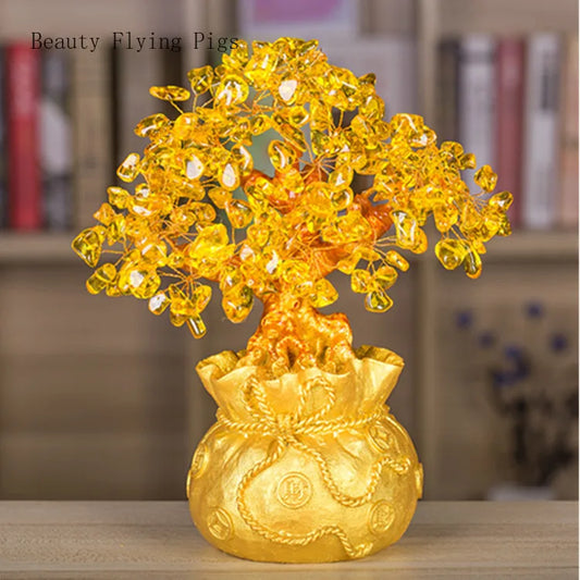 High-end golden crystal lucky treasure tree auspicious wishful wealth home office decoration decoration statue opening best gift