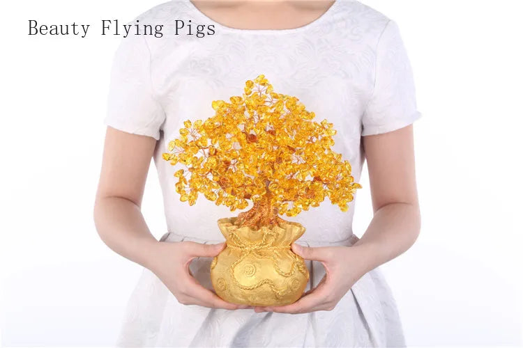 High-end golden crystal lucky treasure tree auspicious wishful wealth home office decoration decoration statue opening best gift