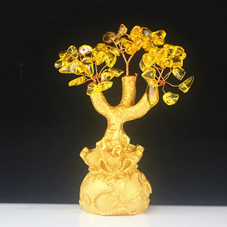 High-end golden crystal lucky treasure tree auspicious wishful wealth home office decoration decoration statue opening best gift