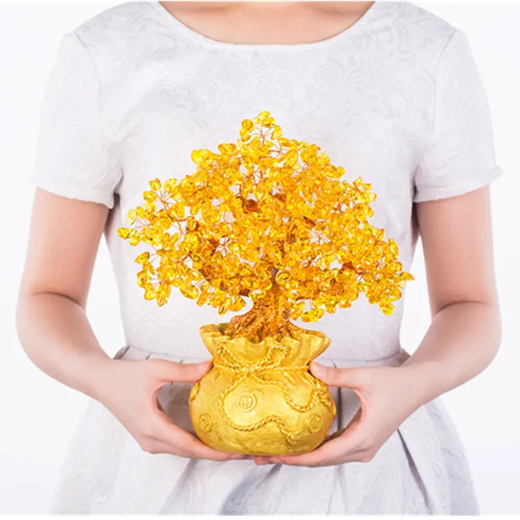 High-end golden crystal lucky treasure tree auspicious wishful wealth home office decoration decoration statue opening best gift