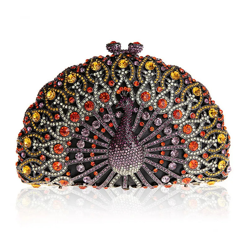 High-end luxury Golden color Women peacock Crystal Metallic Evening Bags Wedding Novelty Rhinestone Small Metallic Clutch Purses